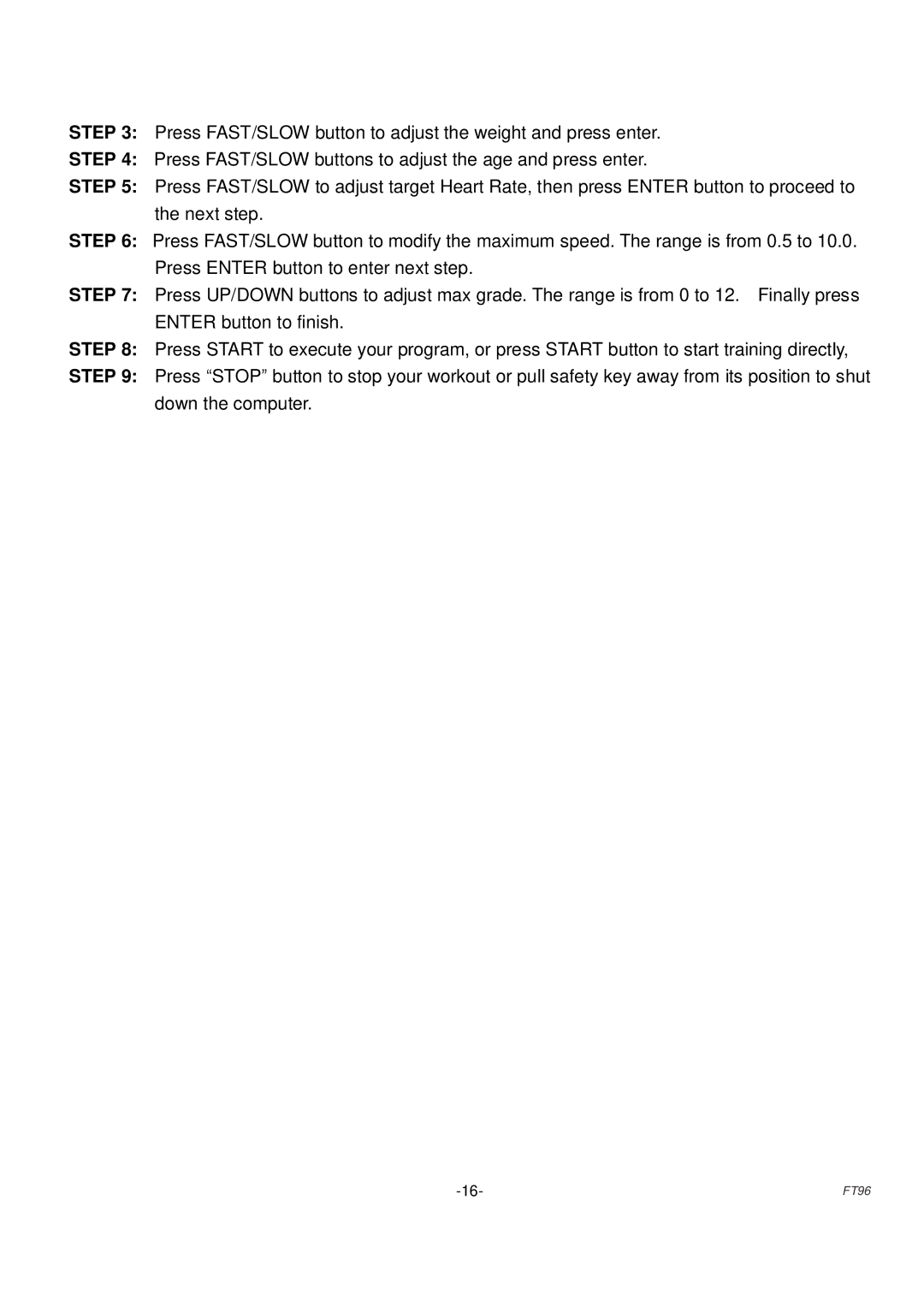 Fuel Fitness FT96 manual 