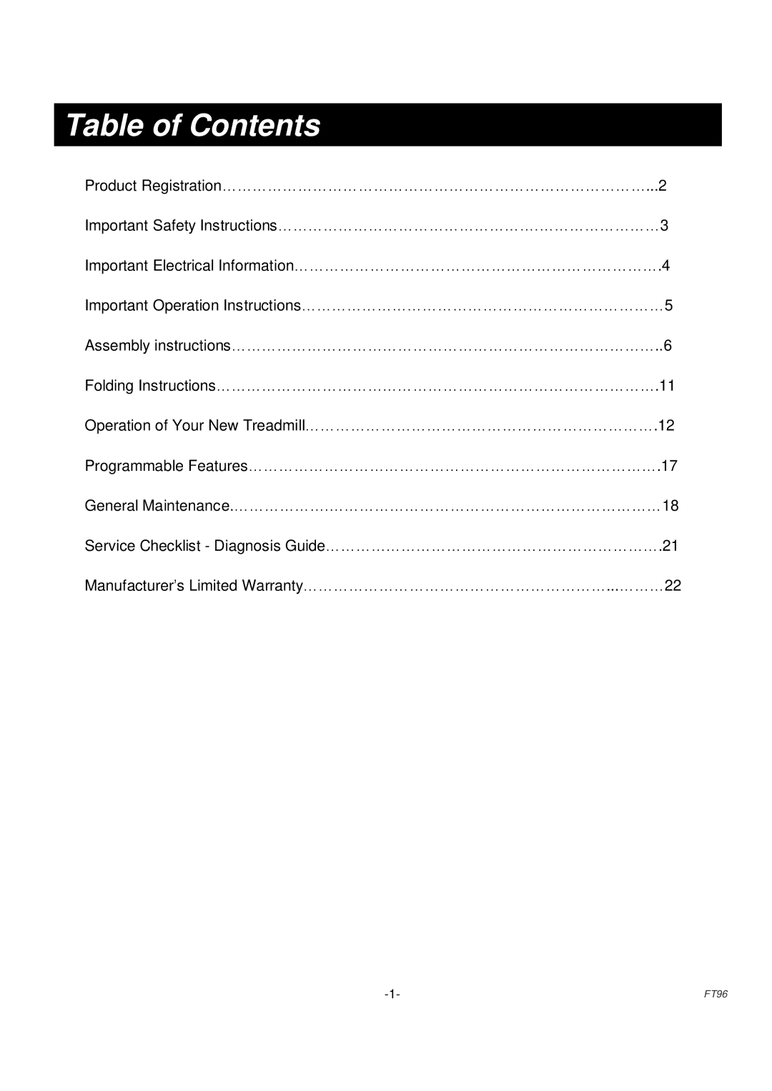 Fuel Fitness FT96 manual Table of Contents 