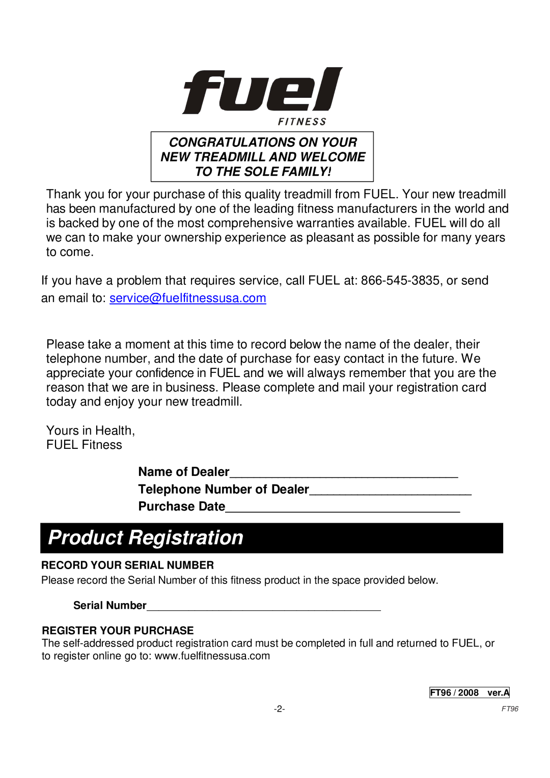 Fuel Fitness FT96 manual Product Registration, An email to service@fuelfitnessusa.com 