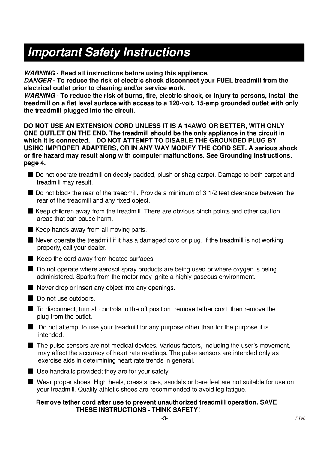 Fuel Fitness FT96 manual Important Safety Instructions 