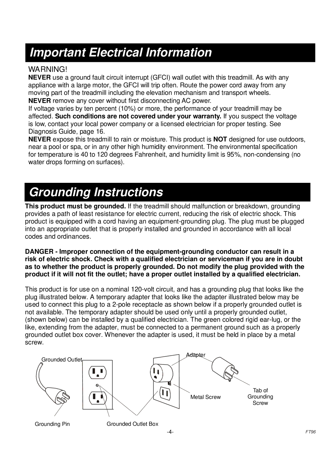 Fuel Fitness FT96 manual Important Electrical Information, Grounding Instructions 