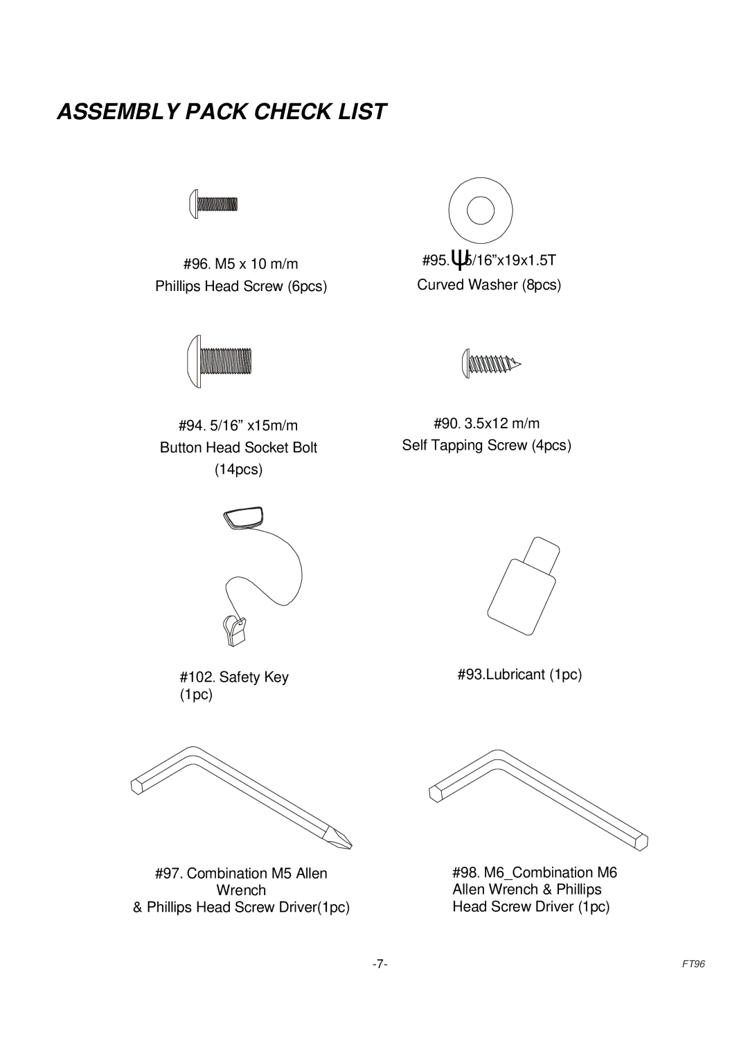 Fuel Fitness FT96 manual Assembly Pack Check List 