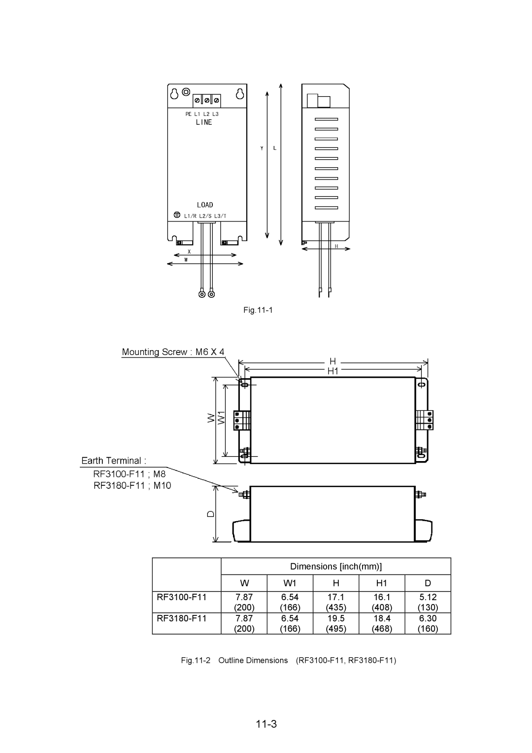 Fuji Bikes 5000G11S/P11S instruction manual 11-3, Outline Dimensions RF3100-F11, RF3180-F11 