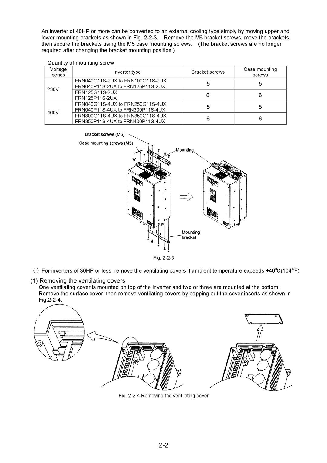 Fuji Bikes 5000G11S/P11S Removing the ventilating covers, Voltage Inverter type Bracket screws Case mounting 