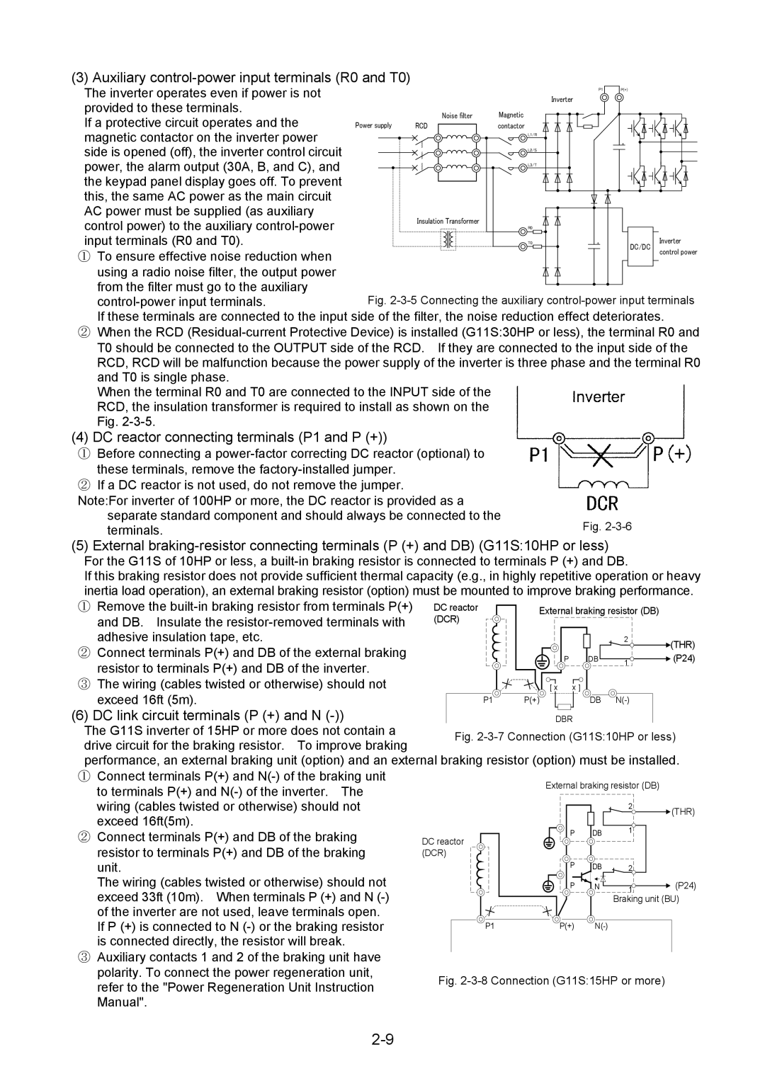 Fuji Bikes 5000G11S/P11S Auxiliary control-power input terminals R0 and T0, DC reactor connecting terminals P1 and P + 