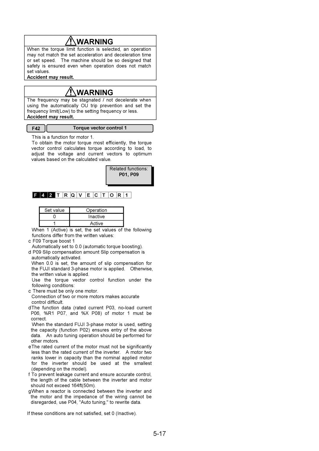 Fuji Bikes 5000G11S/P11S instruction manual Accident may result F42 Torque vector control, P01, P09 2 T R Q, Set value 