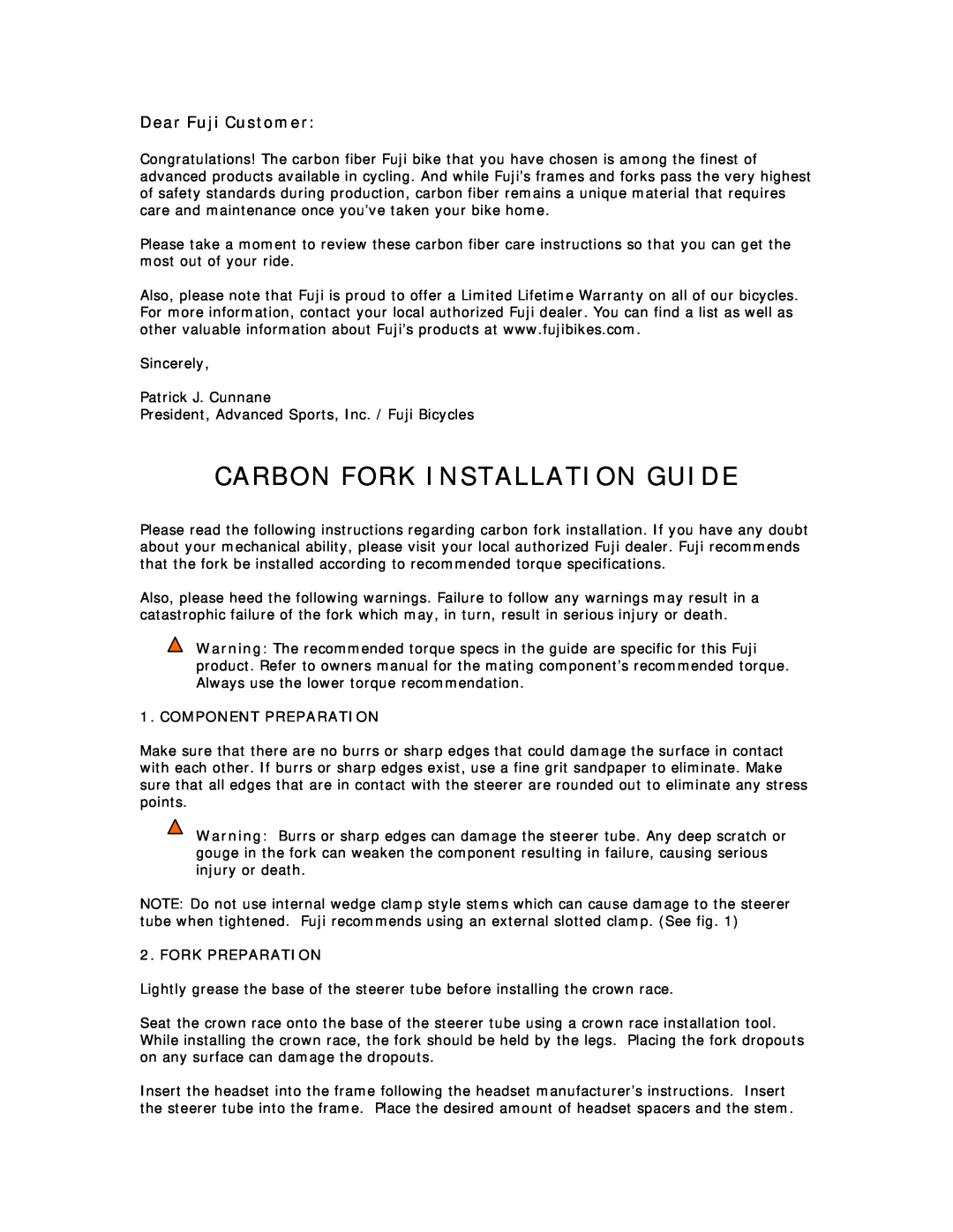 Fuji Bikes Team (US) warranty Carbon Fork Installation Guide, Component Preparation, Fork Preparation, Dear Fuji Customer 