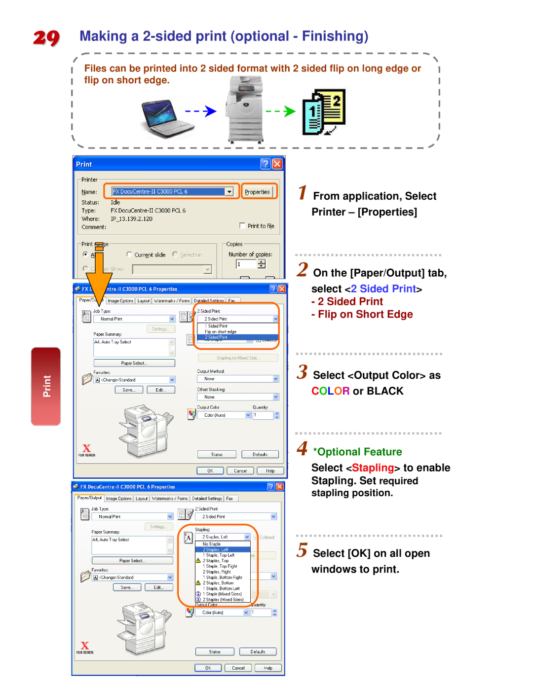 Fuji Labs C3000 manual Making a 2-sided print optional Finishing, Flip on Short Edge 