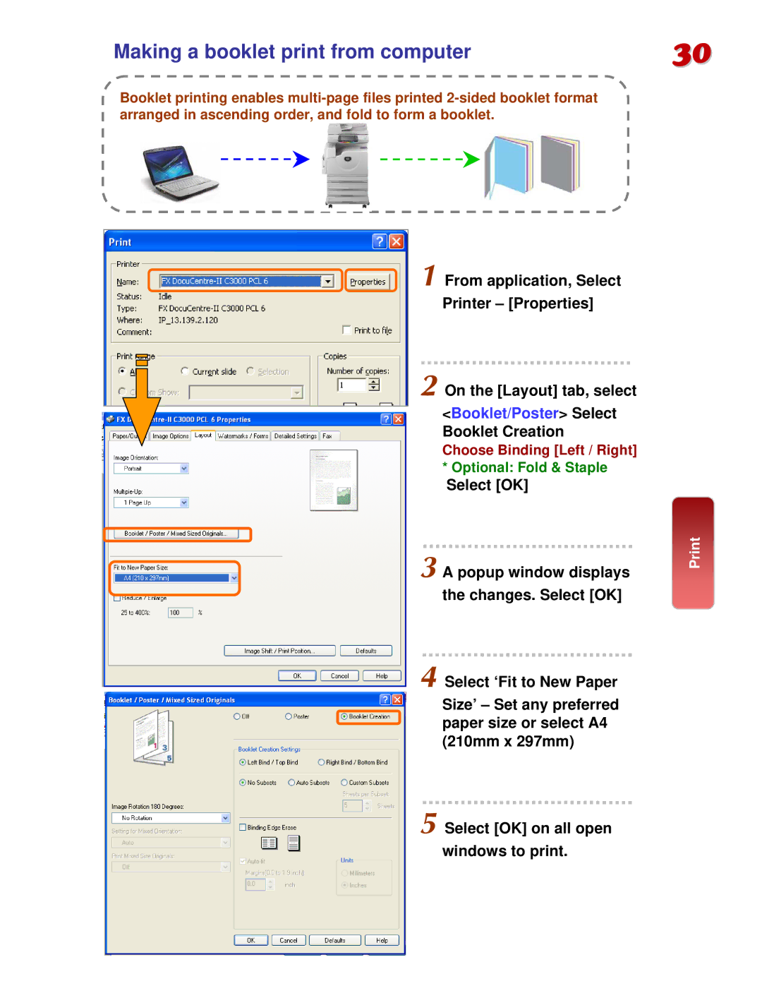 Fuji Labs C3000 manual Making a booklet print from computer, Booklet/Poster Select Booklet Creation 