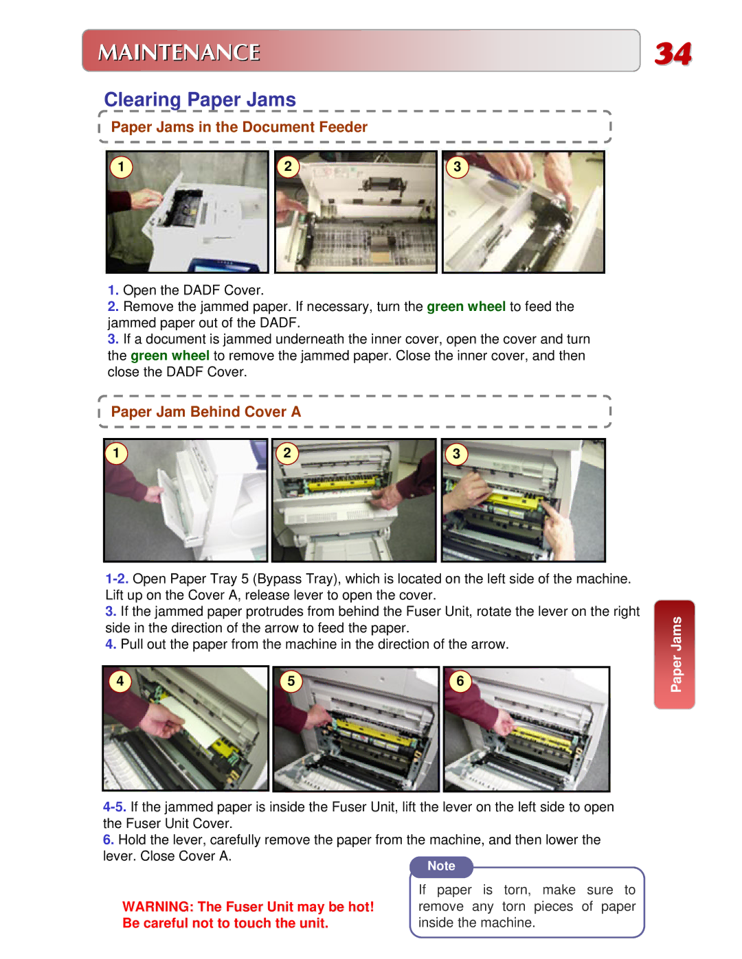 Fuji Labs C3000 manual Clearing Paper Jams, Paper Jams in the Document Feeder, Paper Jam Behind Cover a 