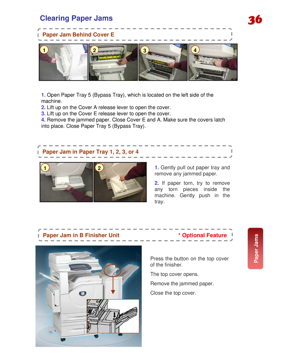 Fuji Labs C3000 manual Paper Jam Behind Cover E, Paper Jam in Paper Tray 1, 2, 3, or, Paper Jam in B Finisher Unit 