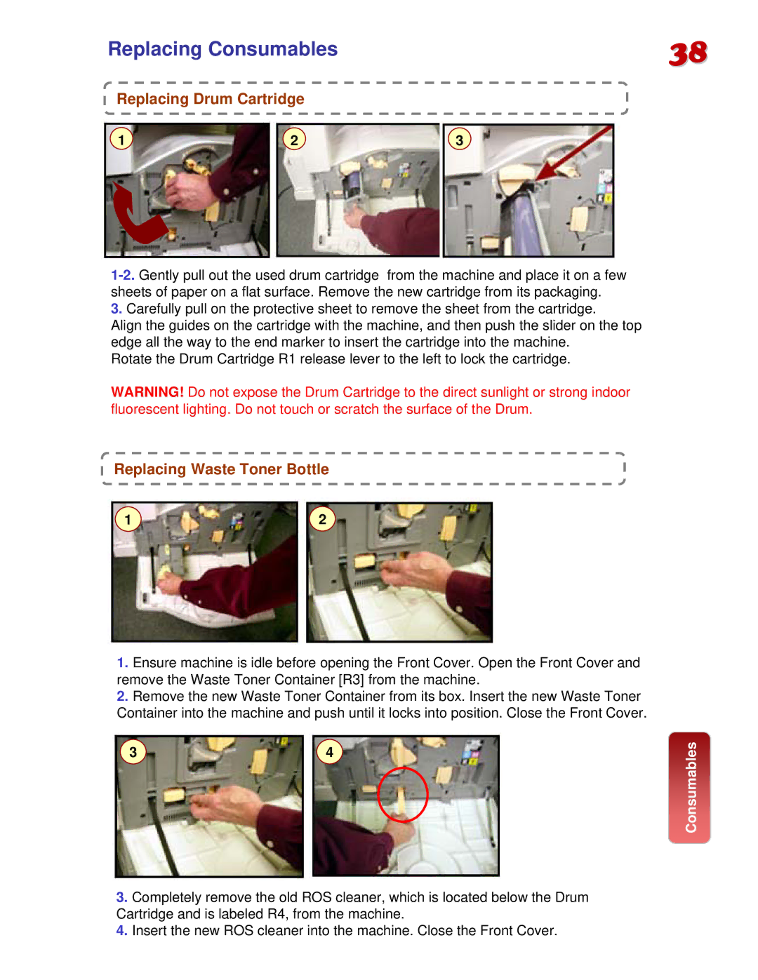 Fuji Labs C3000 manual Replacing Drum Cartridge, Replacing Waste Toner Bottle 