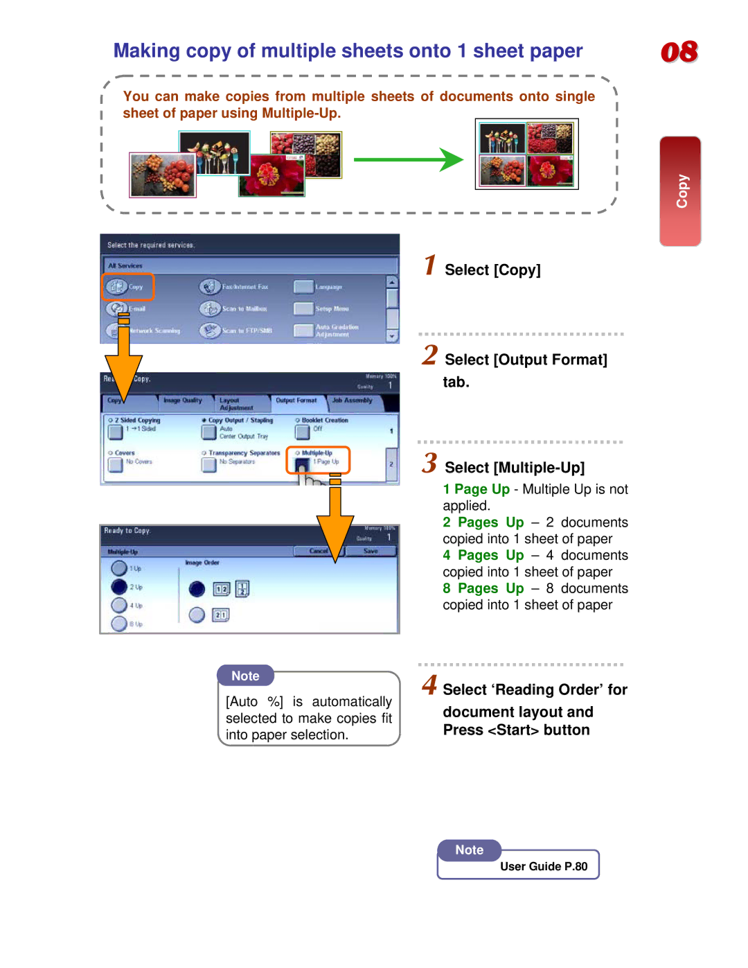 Fuji Labs C3000 Making copy of multiple sheets onto 1 sheet paper, Select Copy Select Output Format tab Select Multiple-Up 