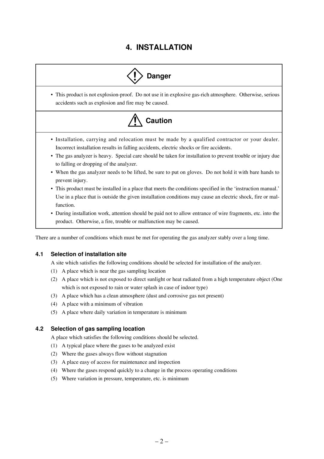 Fuji Labs ZSP instruction manual Installation, Selection of installation site, Selection of gas sampling location 