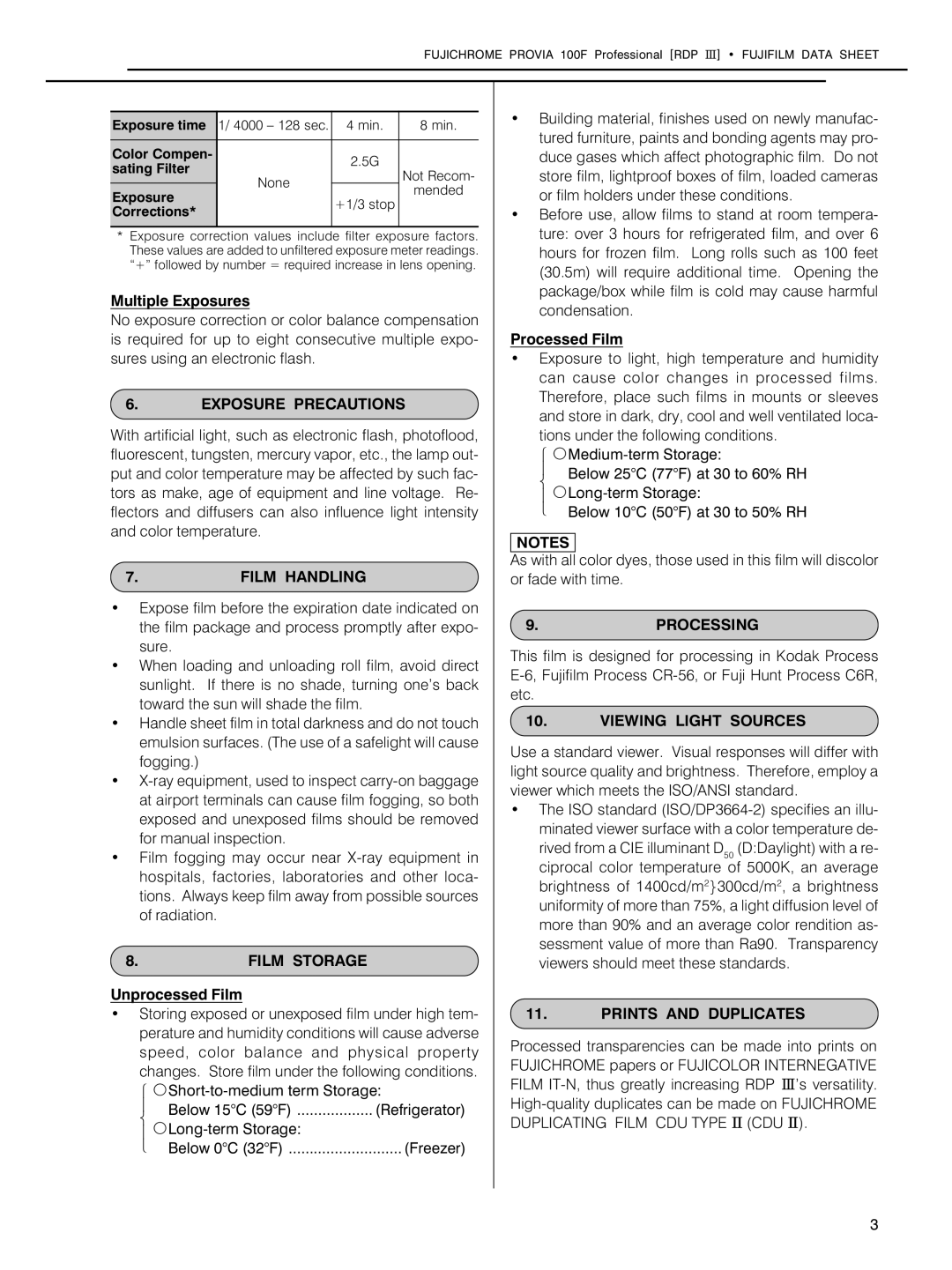 FujiFilm 100F Exposure Precautions, Film Handling, Film Storage, Processing, Viewing Light Sources, Prints and Duplicates 