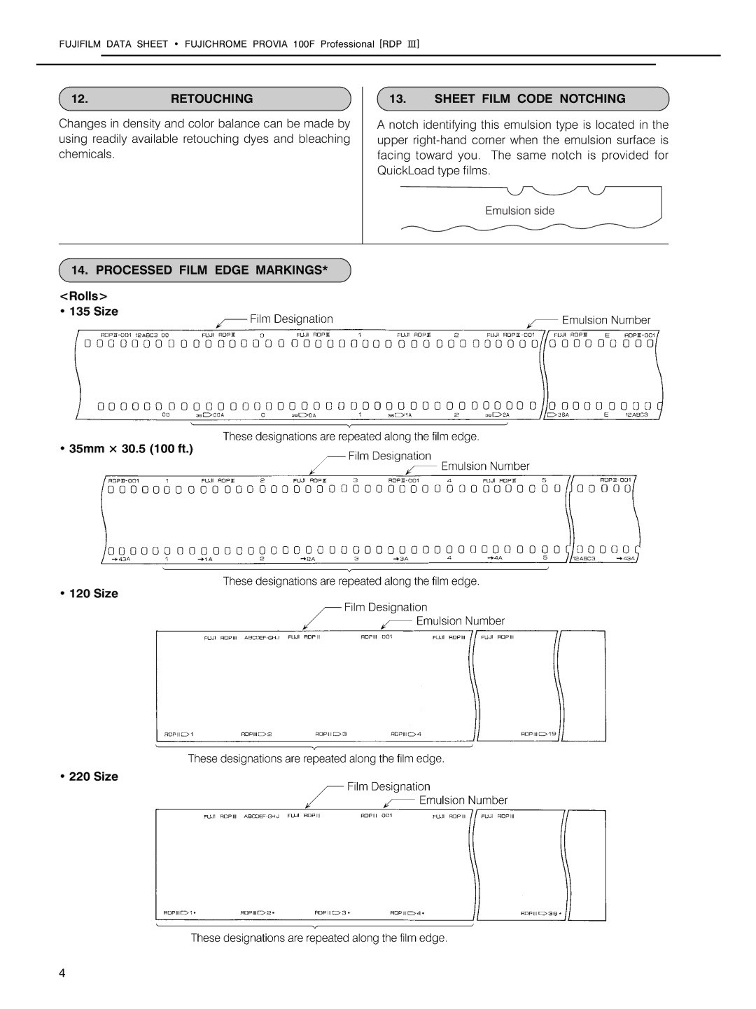 FujiFilm 100F manual Retouching, Sheet Film Code Notching, Processed Film Edge Markings, Rolls Size 35mm × 30.5 100 ft 