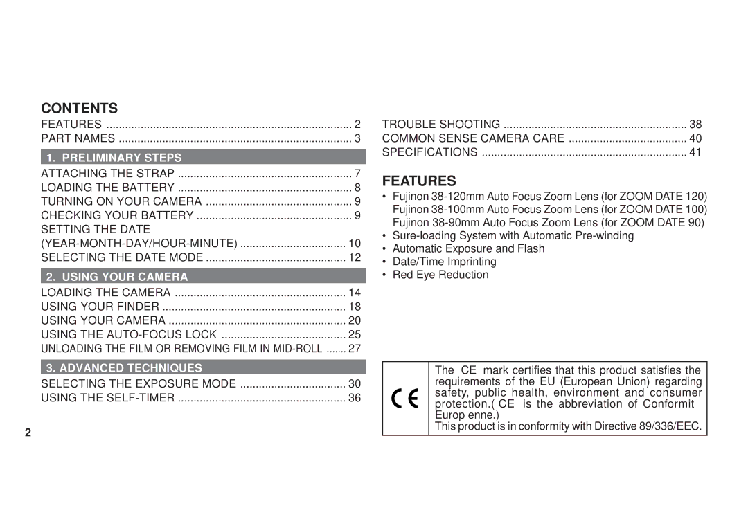 FujiFilm 120 owner manual Contents, Features 