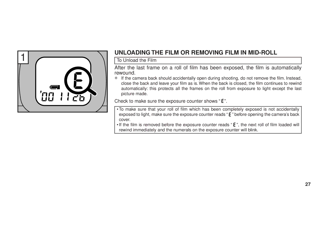 FujiFilm 120 owner manual Unloading the Film or Removing Film in MID-ROLL, Check to make sure the exposure counter shows 