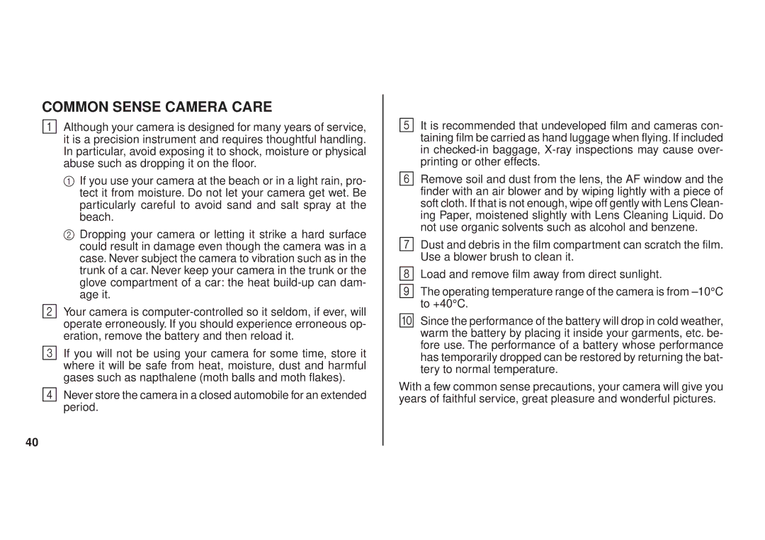 FujiFilm 120 owner manual Common Sense Camera Care 