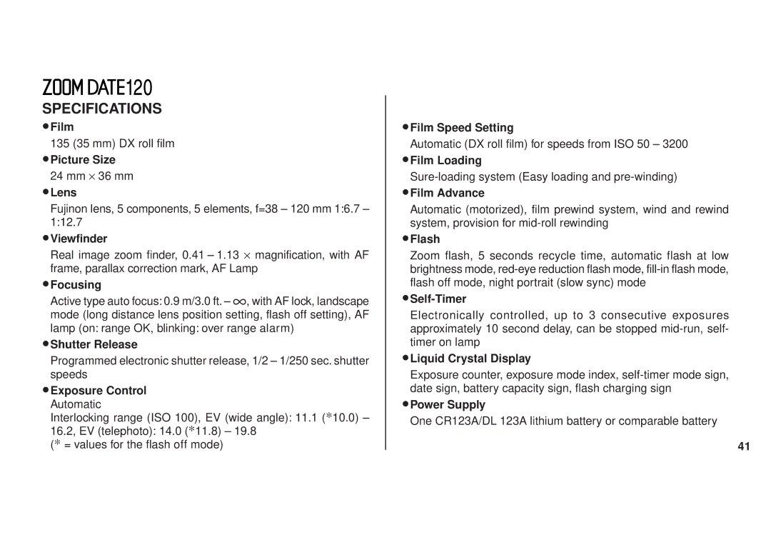 FujiFilm 120 owner manual Specifications, ∙ Viewfinder 