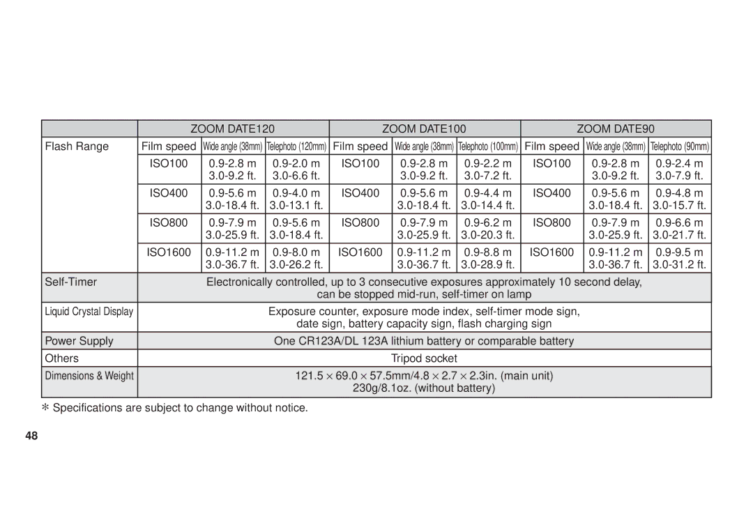 FujiFilm 120 owner manual Flash Range Film speed 