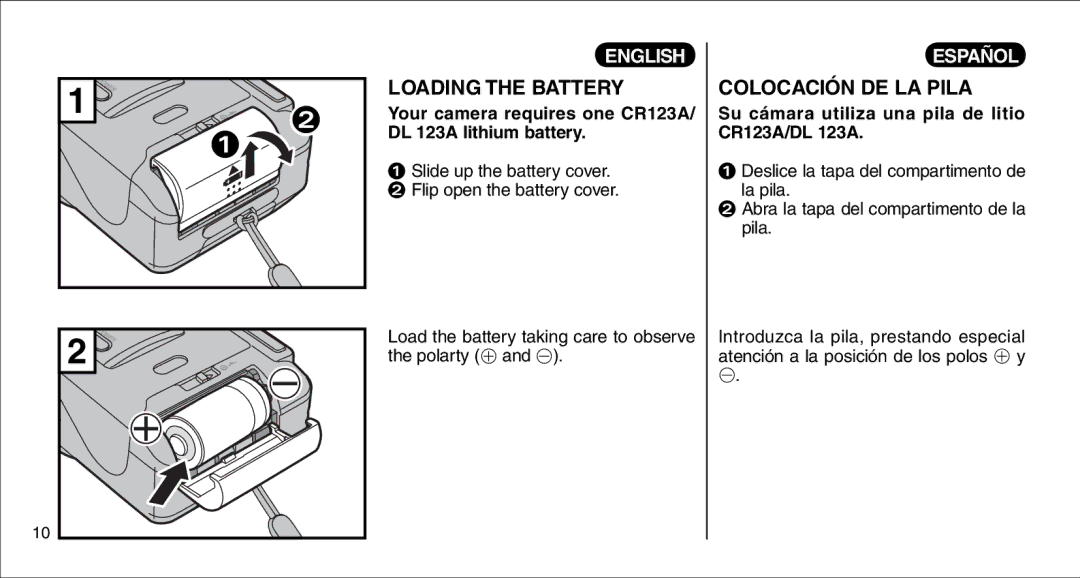 FujiFilm 135V Loading the Battery, Colocación DE LA Pila, Your camera requires one CR123A/ DL 123A lithium battery 