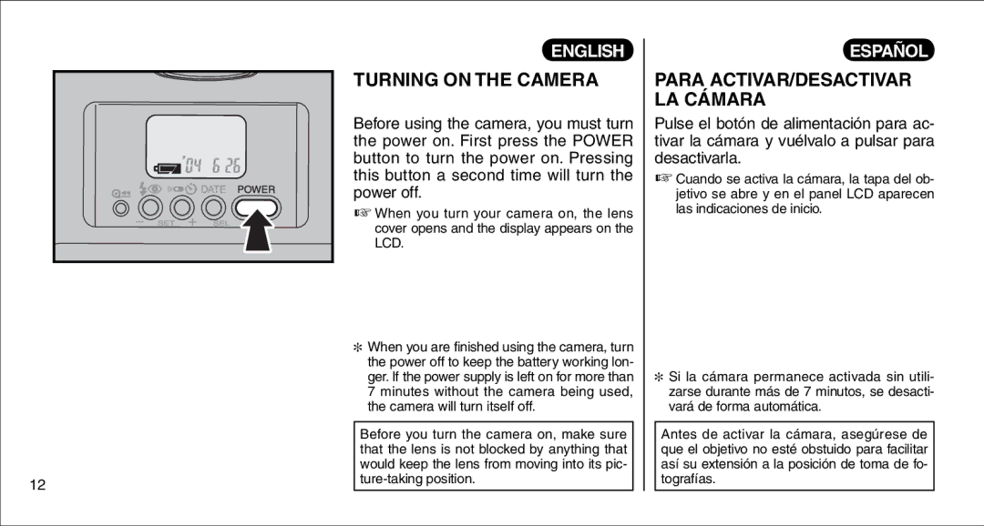 FujiFilm 135V owner manual Turning on the Camera, Para ACTIVAR/DESACTIVAR LA Cámara 