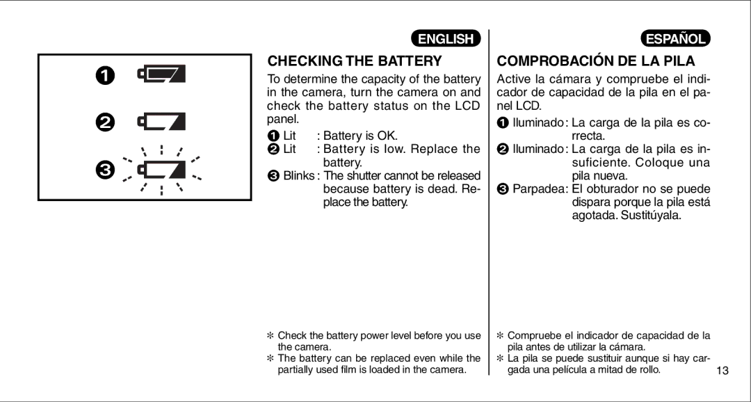 FujiFilm 135V owner manual Checking the Battery, Comprobación DE LA Pila 