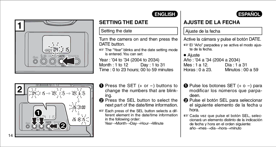 FujiFilm 135V owner manual Setting the Date, Ajuste DE LA Fecha, Ajuste de la fecha Active la cámara y pulse el botón Date 