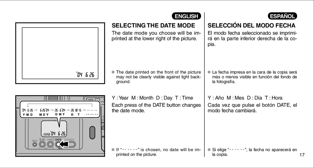 FujiFilm 135V owner manual Selecting the Date Mode, Selección DEL Modo Fecha 