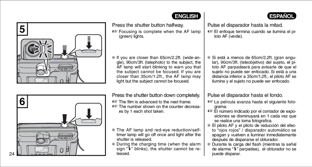 FujiFilm 135V Press the shutter button halfway, Pulse el disparador hasta la mitad, Pulse el disparador hasta el fondo 