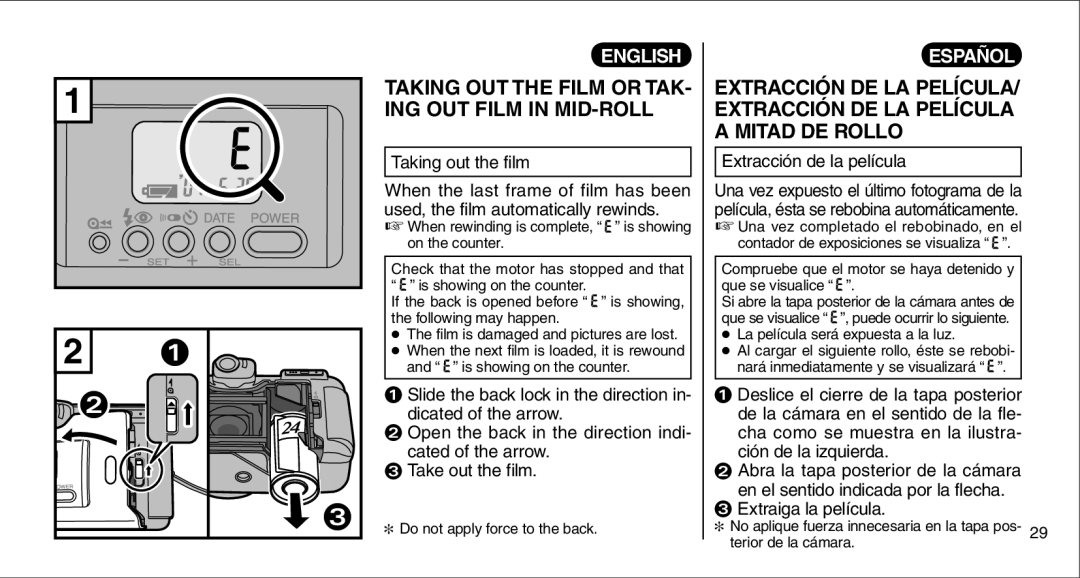 FujiFilm 135V Taking OUT the Film or TAK- ING OUT Film in MID-ROLL, Taking out the film, Extracción de la película 