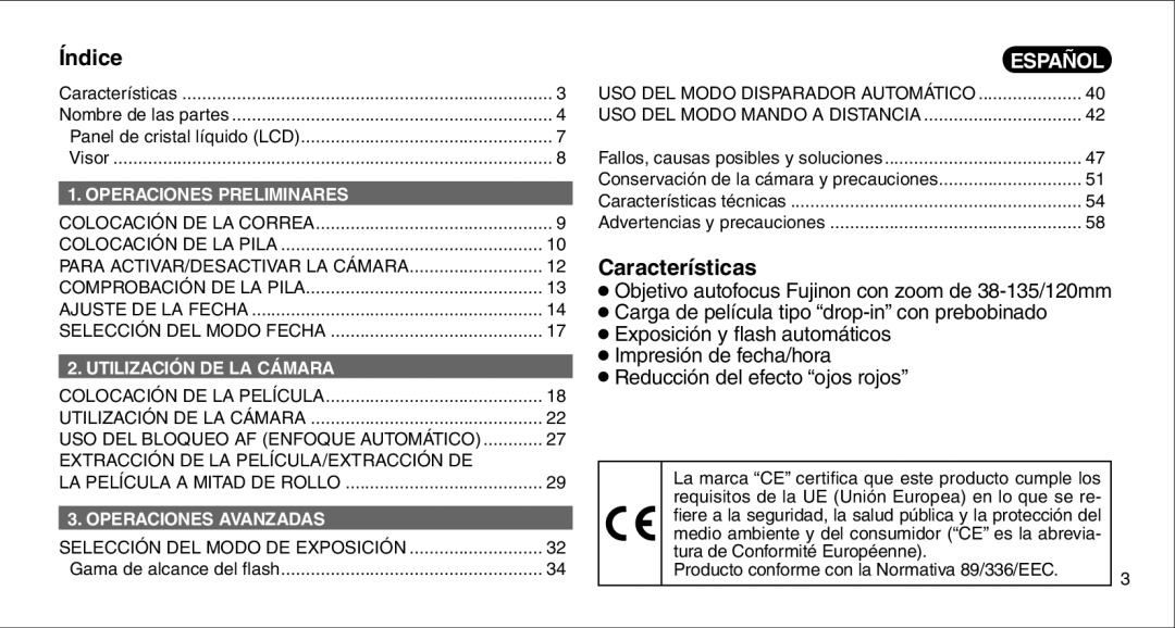 FujiFilm 135V owner manual Índice, Características, Reducción del efecto ojos rojos 