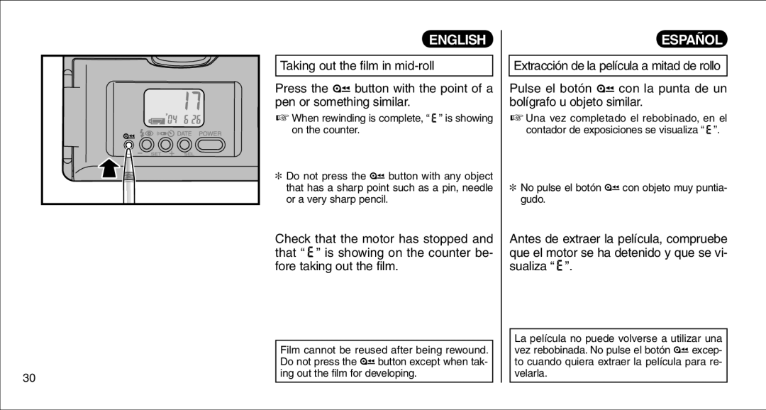 FujiFilm 135V owner manual Film cannot be reused after being rewound 