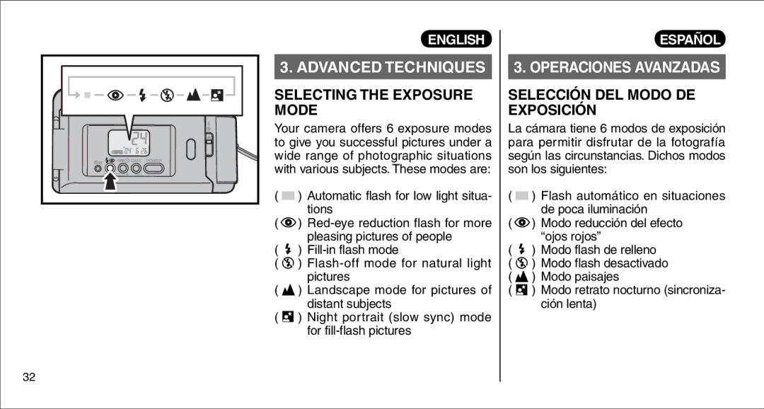 FujiFilm 135V Selecting the Exposure Mode, Selección DEL Modo DE Exposición, Automatic flash for low light situa- tions 