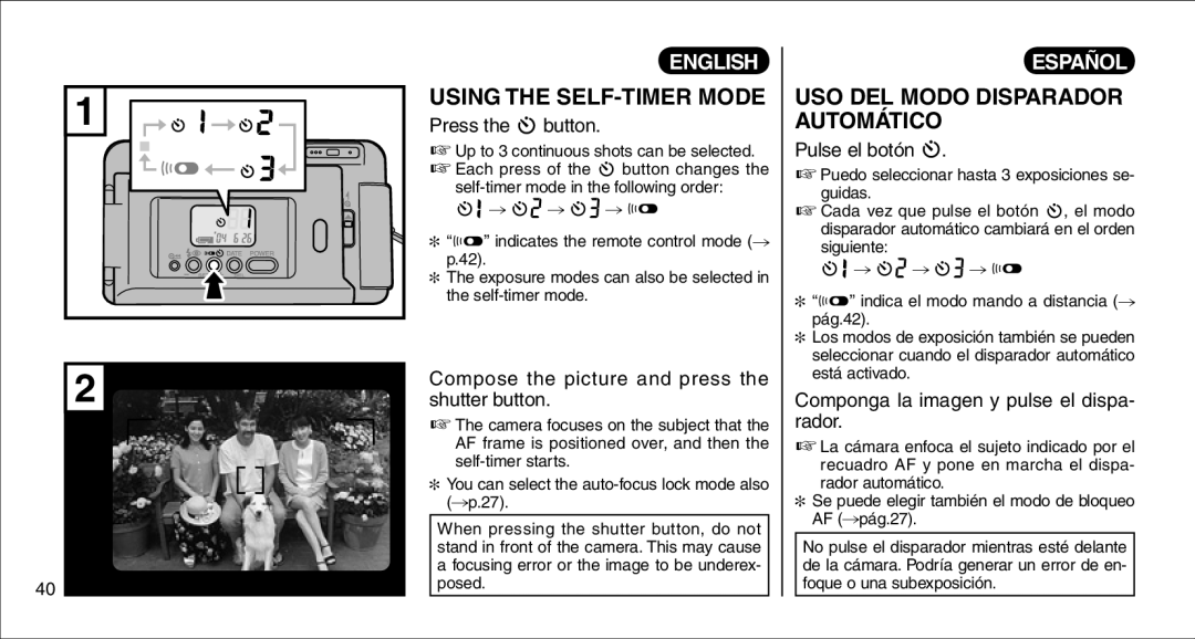 FujiFilm 135V owner manual Using the SELF-TIMER Mode, USO DEL Modo Disparador Automático 