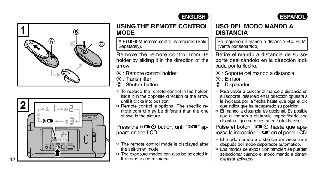 FujiFilm 135V owner manual Using the Remote Control Mode, USO DEL Modo Mando a Distancia 