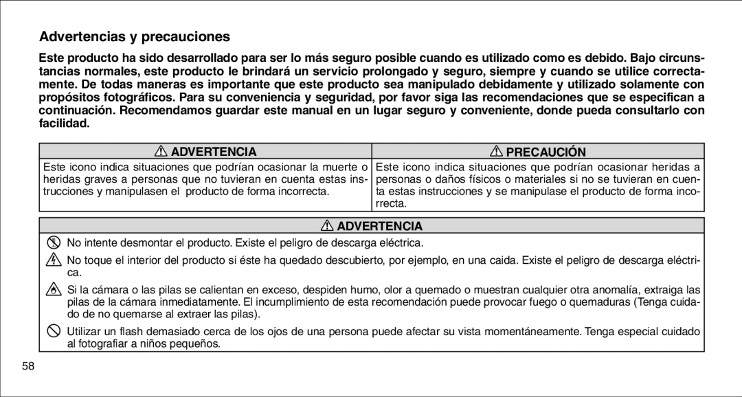 FujiFilm 135V owner manual Advertencias y precauciones, Advertencia Precaución 