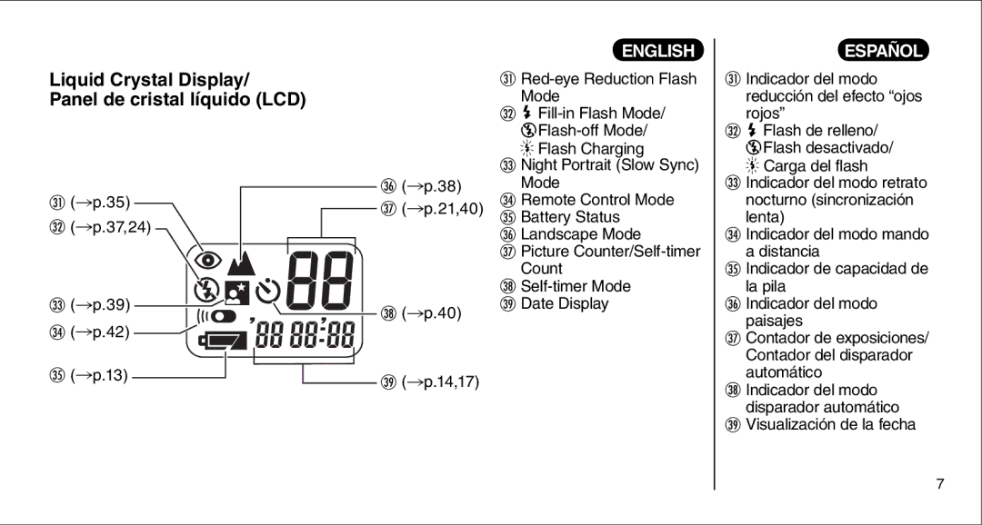 FujiFilm 135V Liquid Crystal Display/ Panel de cristal líquido LCD, 37,24 38 K p.21,40 14,17, Visualización de la fecha 