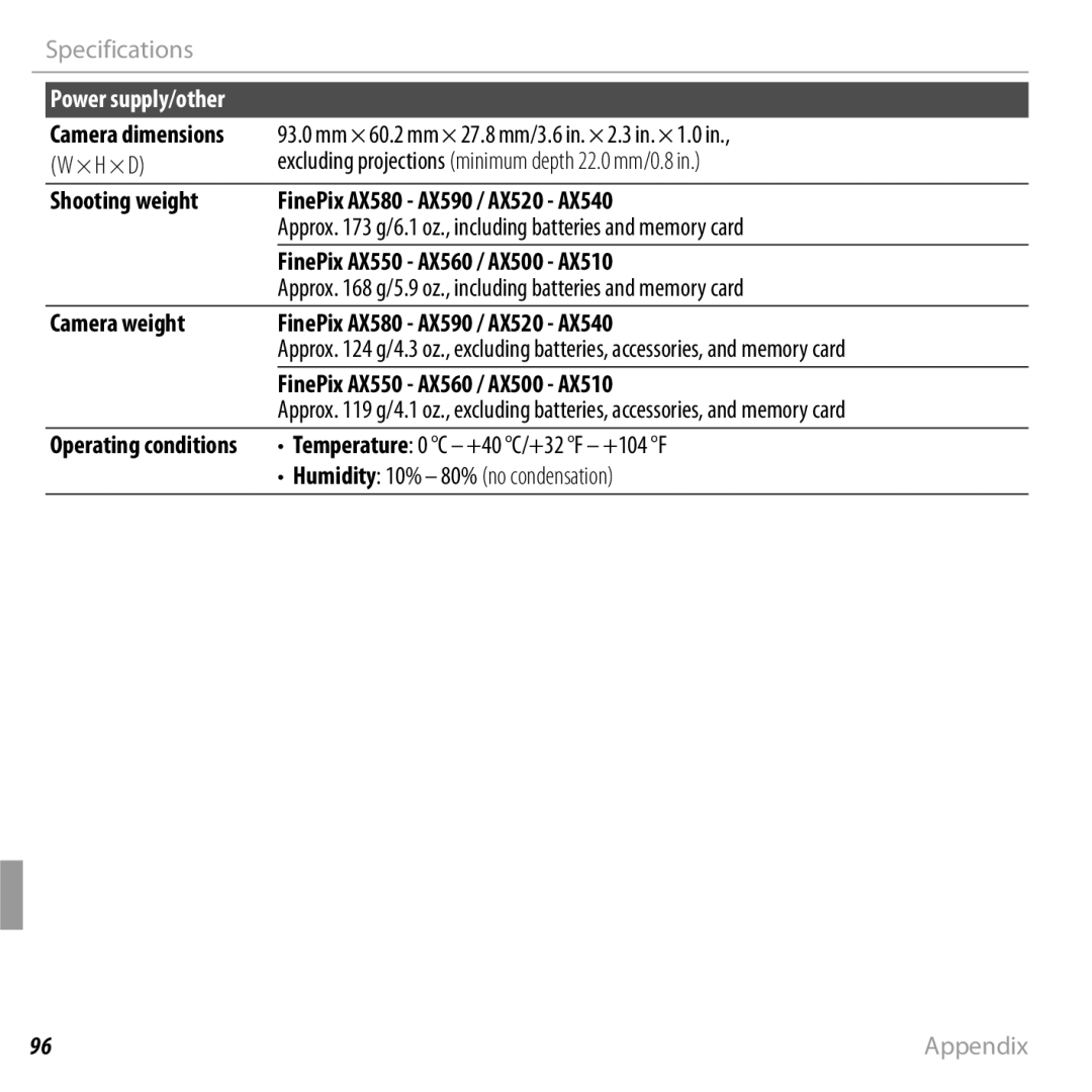 FujiFilm 16238037 owner manual 93.0 mm × 60.2 mm × 27.8 mm/3.6 in. × 2.3 in. × 1.0 