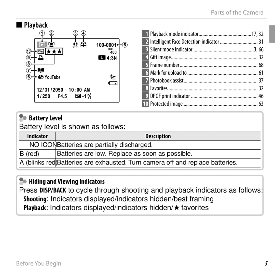 FujiFilm 16238037 owner manual Playback, Battery Level, Hiding and Viewing Indicators, Description 