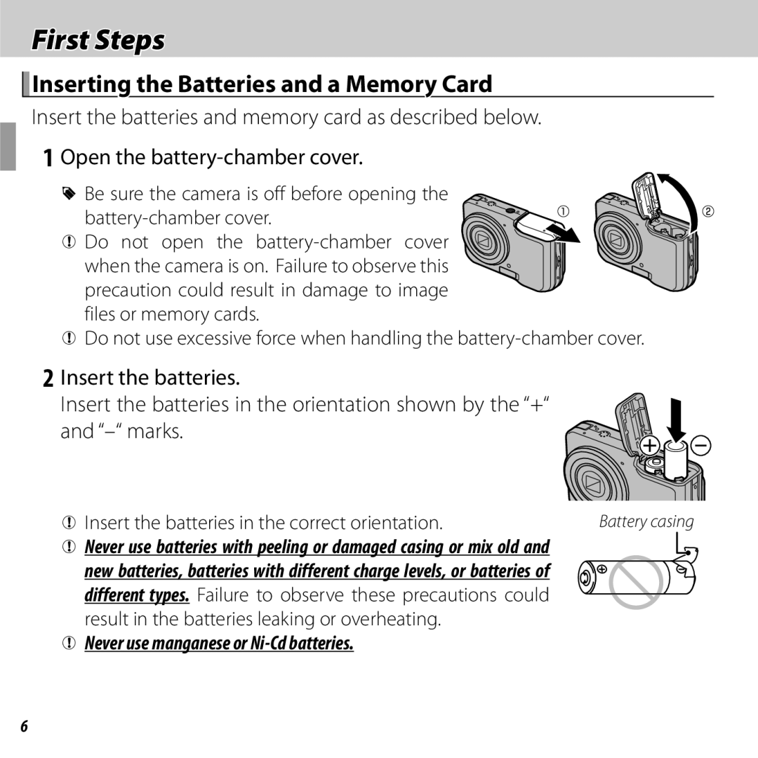 FujiFilm 16238037 First Steps, Inserting the Batteries and a Memory Card, Insert the batteries in the correct orientation 