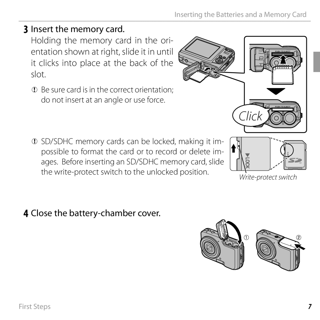 FujiFilm 16238037 owner manual Click, Close the battery-chamber cover 