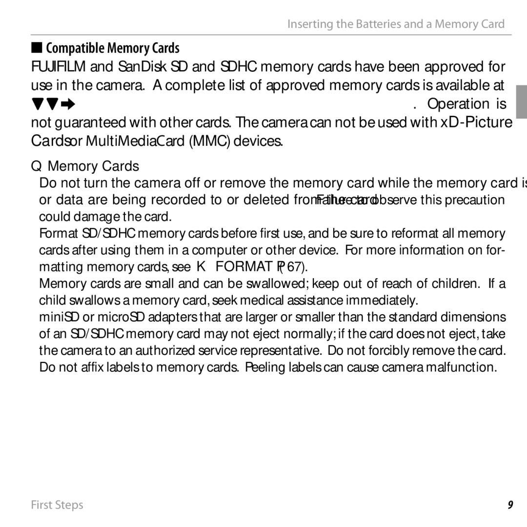 FujiFilm 16238037 owner manual Compatible Memory Cards 