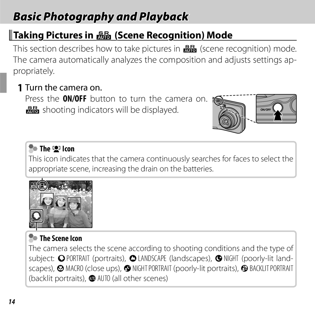 FujiFilm 16238037 Basic Photography and Playback, Taking Pictures in QScene Recognition Mode, GIcon, Scene Icon 