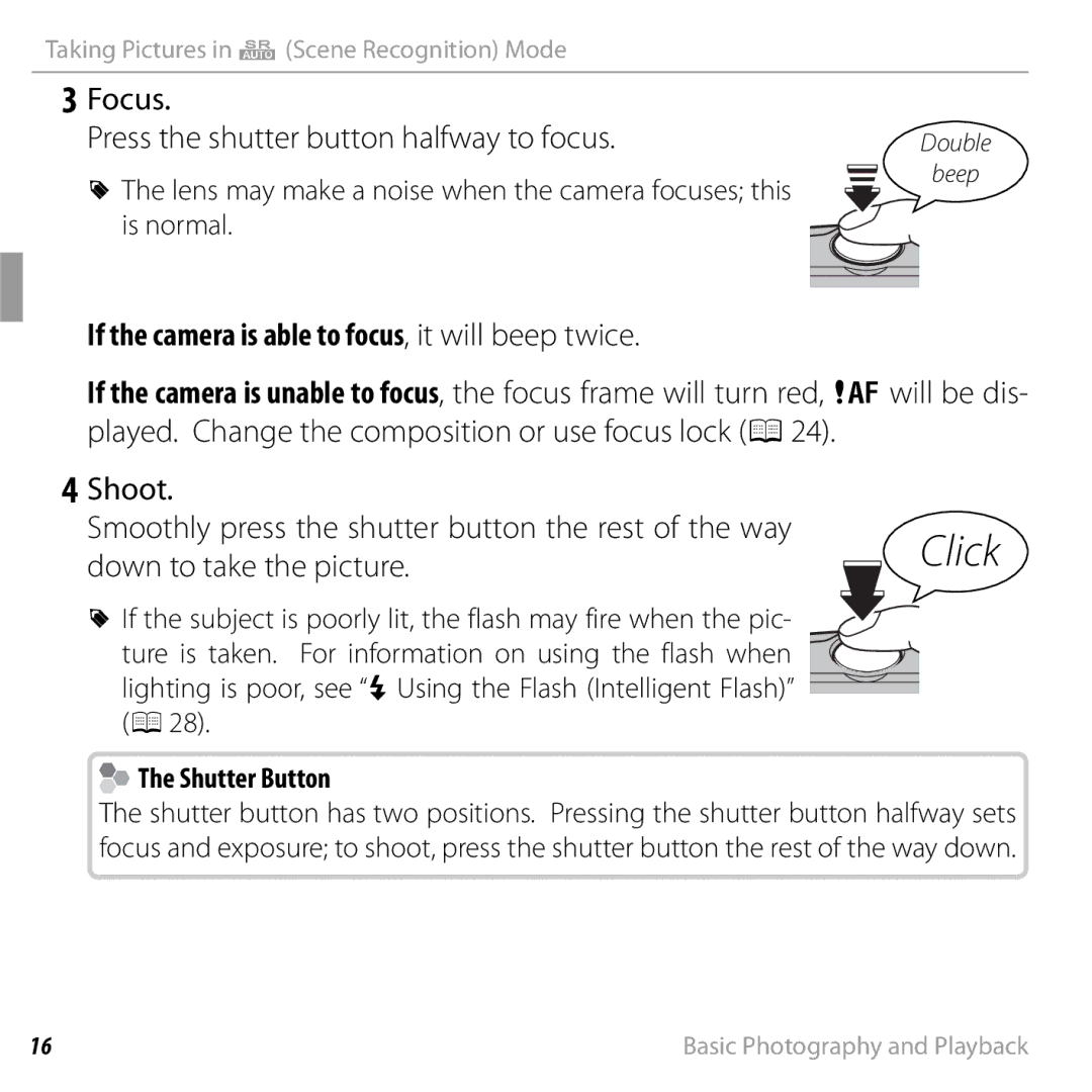 FujiFilm 16238037 Focus, If the camera is able to focus, it will beep twice, Down to take the picture, Shutter Button 