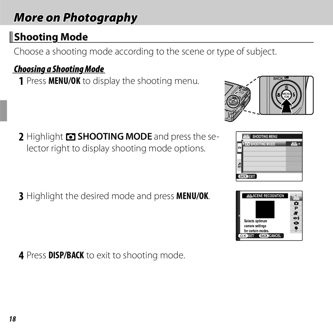 FujiFilm 16238037 owner manual More on Photography, Choosing a Shooting Mode 