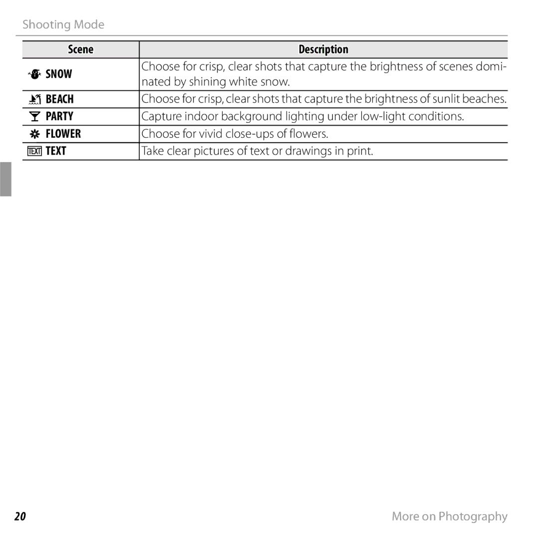 FujiFilm 16238037 owner manual Snow, Beach, Party, Flower, Wtext 