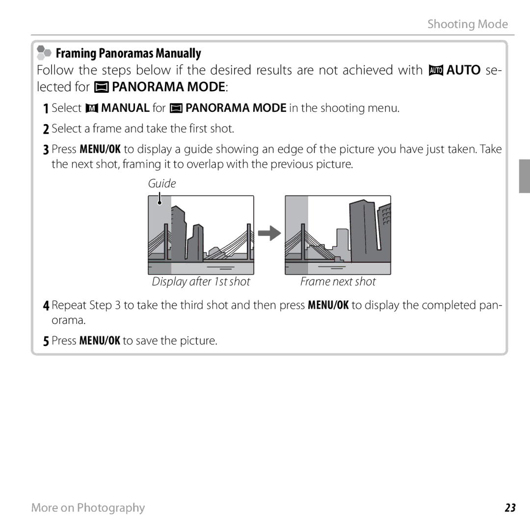 FujiFilm 16238037 owner manual Framing Panoramas Manually, Guide 