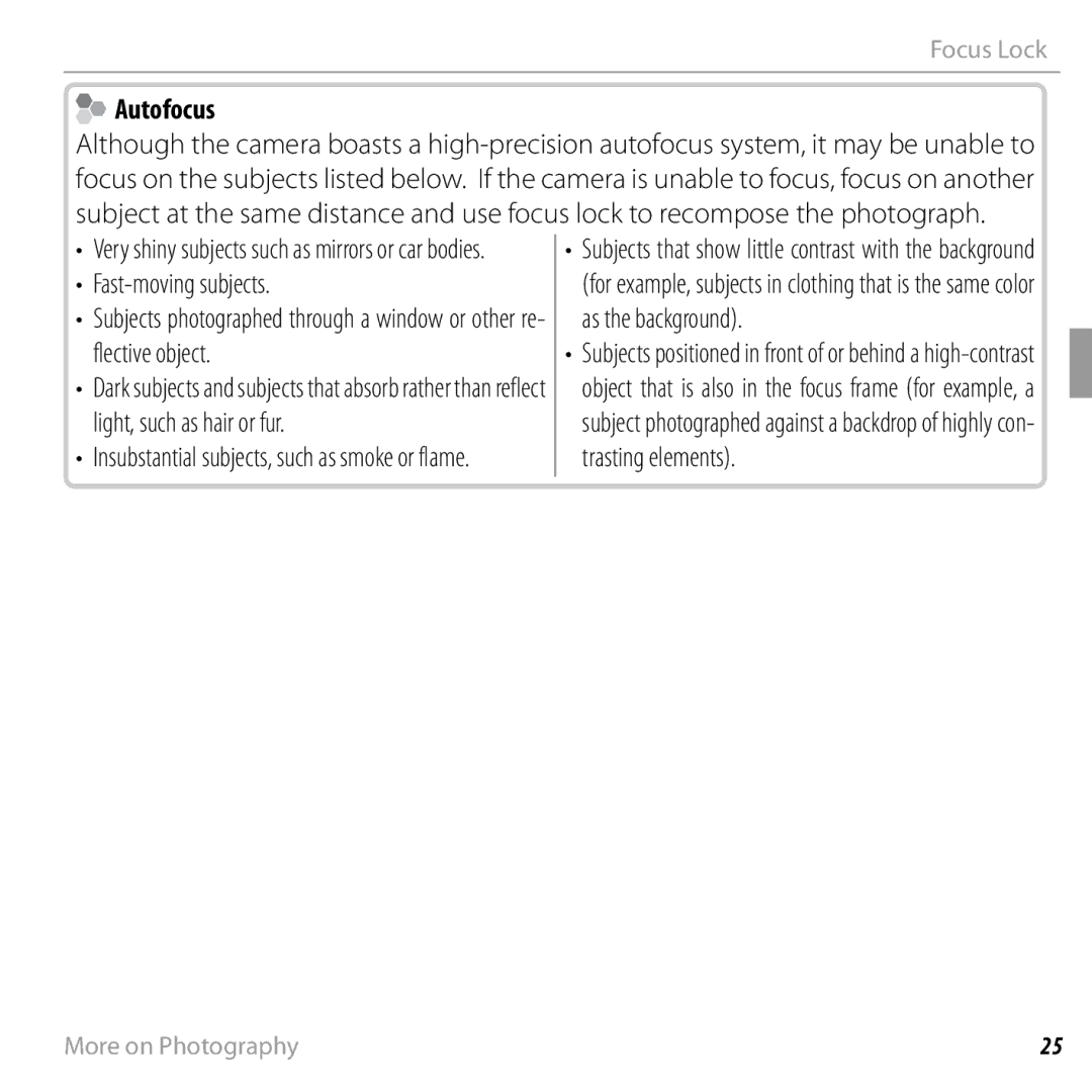 FujiFilm 16238037 owner manual Autofocus, Fast-moving subjects 